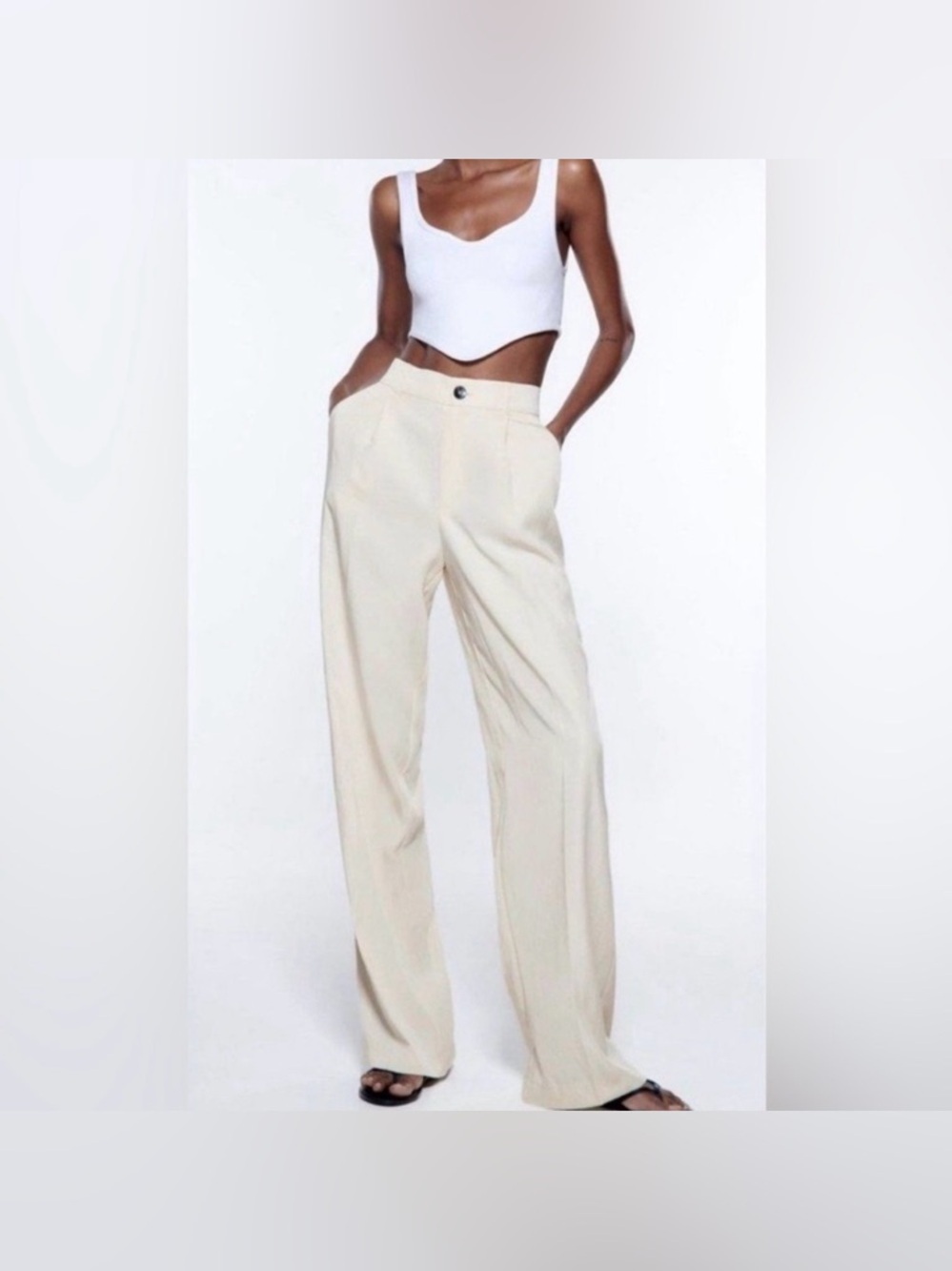 Zara Wide-Leg Ecru Flowy Trousers